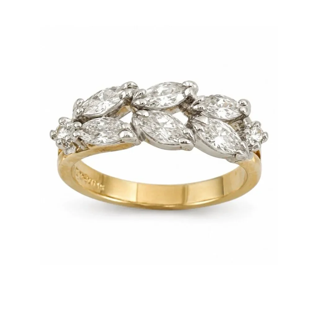 Vintage 1970s Ring Size 8 CZ Marquise Cluster Gold Plated Band - 14Q